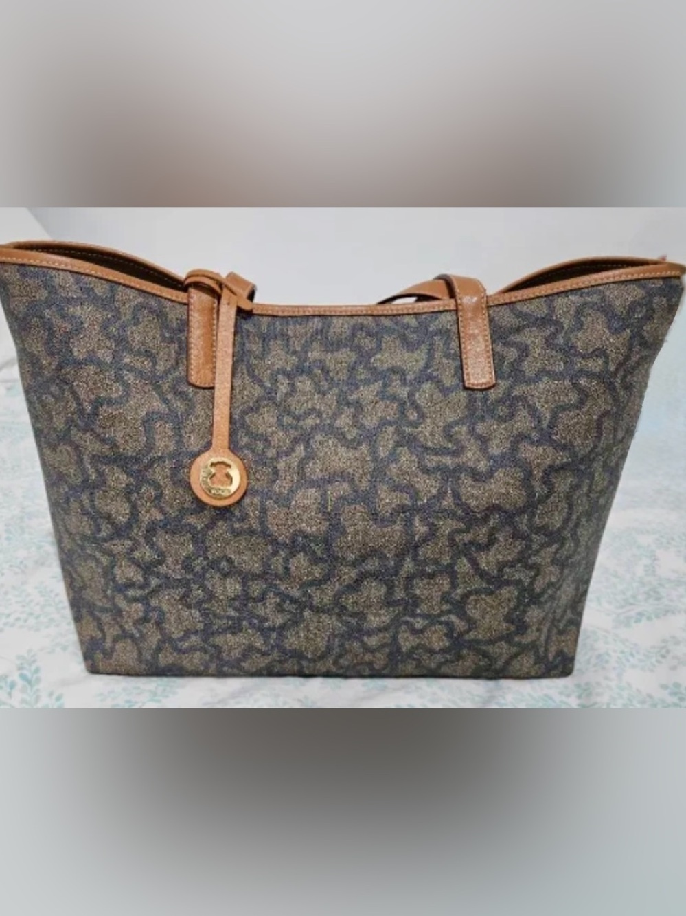 Tous Brown and Black Signature Tote with Tan Leather Trim